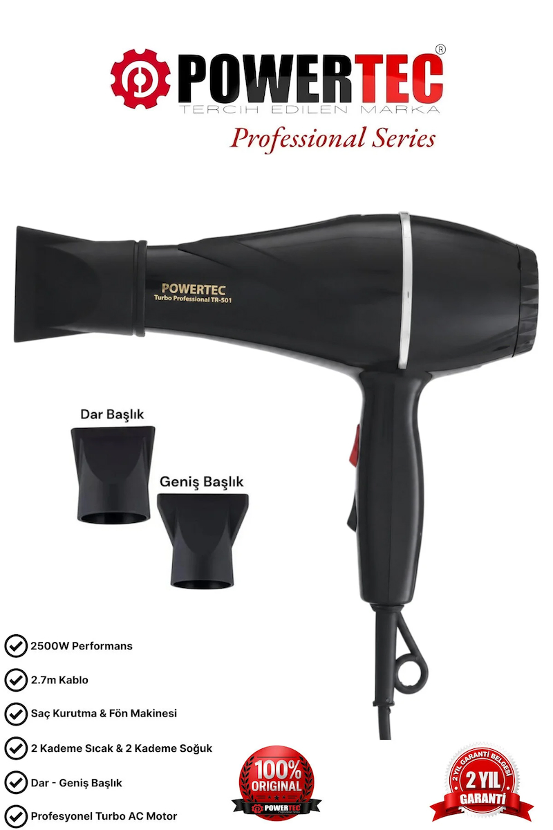 Powertec TR-501 Profesyonel Renkli Fön Makinesi Siyah