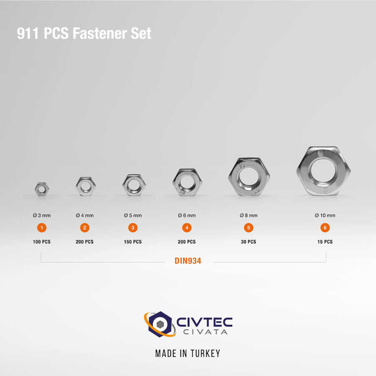 Civtec 911 Parça 12 Çeşit Somun ve Pul Seti - Takım Çantası TK-9