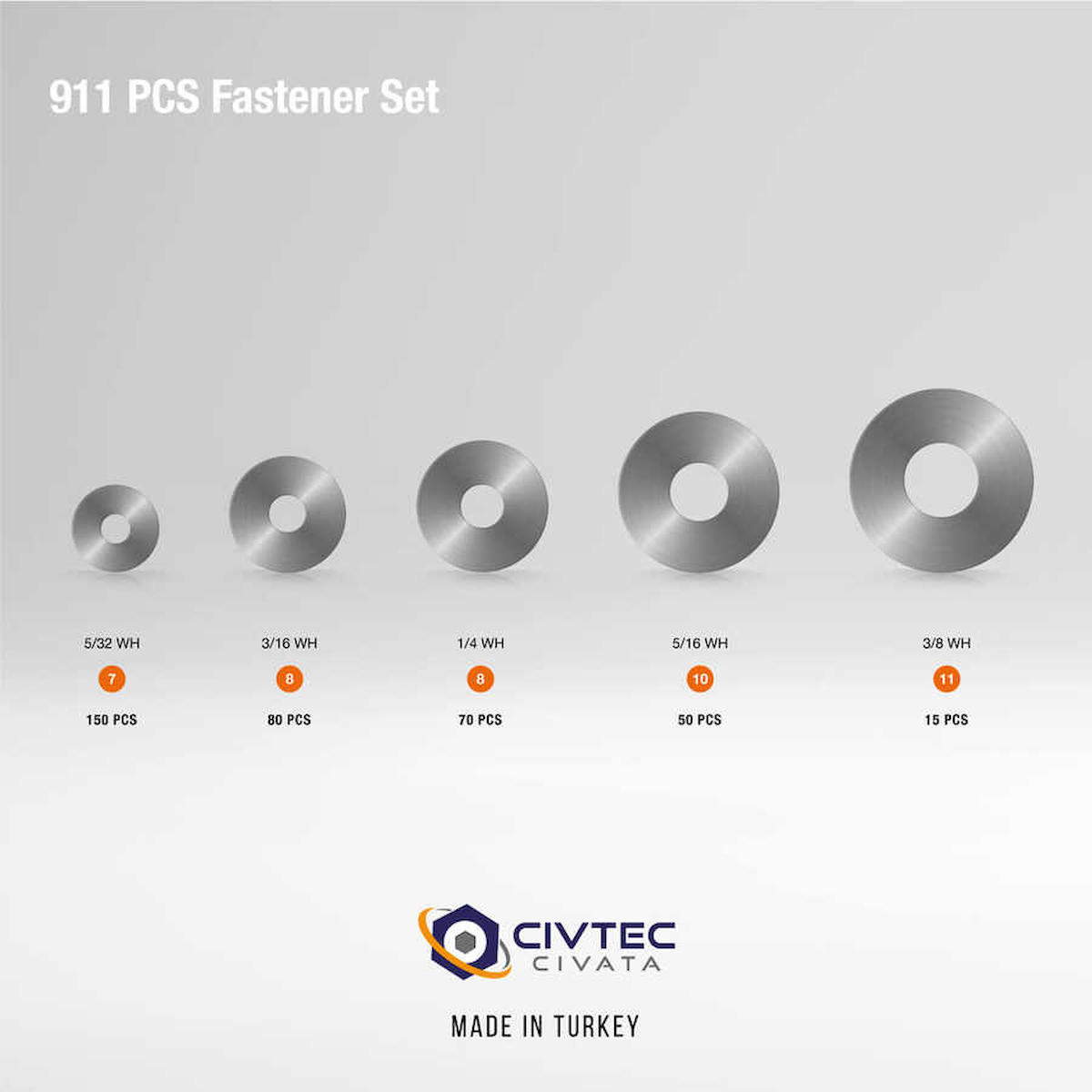 Civtec 911 Parça 12 Çeşit Somun ve Pul Seti - Takım Çantası TK-9