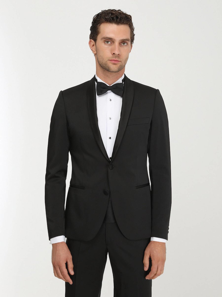 Siyah Desenli Slim Fit Şal Yaka Dokuma Smokin Takım Elbise