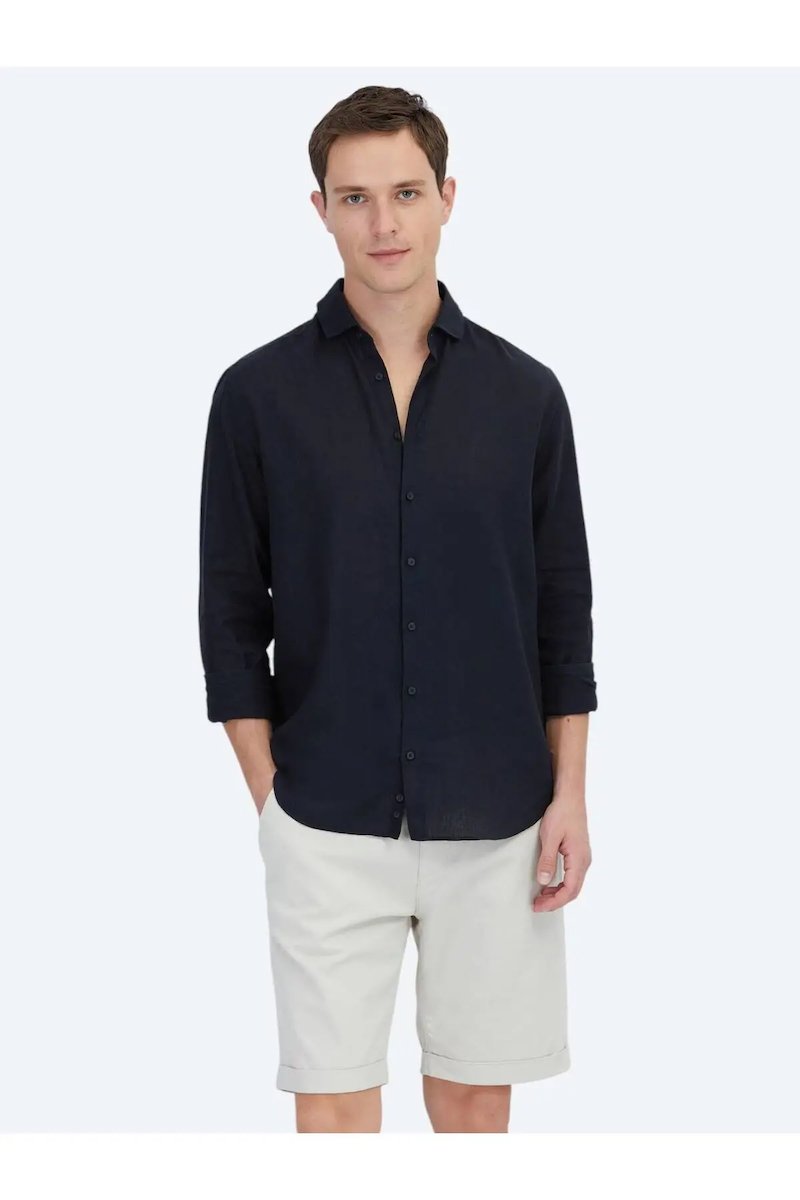 Siyah Düz Regular Fit Dokuma Casual Pamuk Karışımlı Gömlek