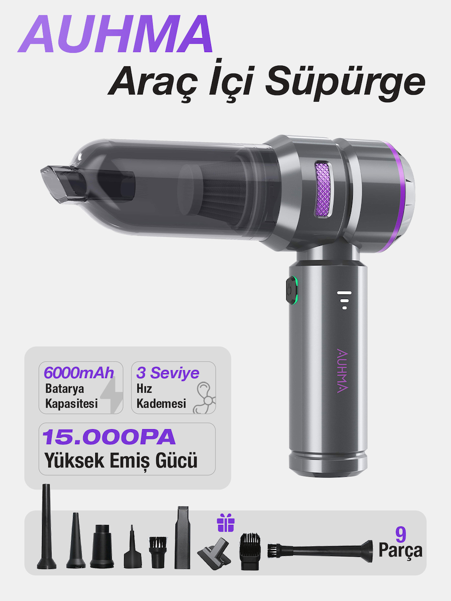 Auhma AHV-01 Kablosuz Güçlü Araç Süpürgesi ve Hava Üfleyici | 15000PA Vakum Gücü | 3 Kademeli Hız | 9 Parça Aksesuar