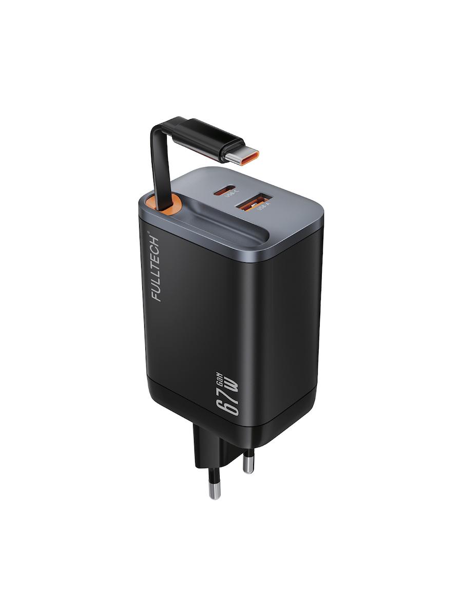 Fulltech FC23 67W GaN Hızlı Şarj Adaptörü | Dahili Retractable USB-C Kablo + USB-A Çıkışı | Telefon, Tablet ve Laptop Uyumlu