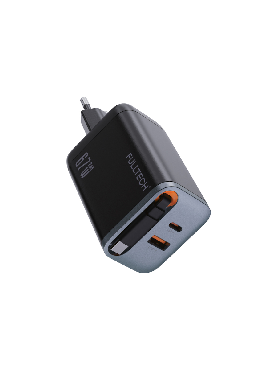 Fulltech FC23 67W GaN Hızlı Şarj Adaptörü | Dahili Retractable USB-C Kablo + USB-A Çıkışı | Telefon, Tablet ve Laptop Uyumlu