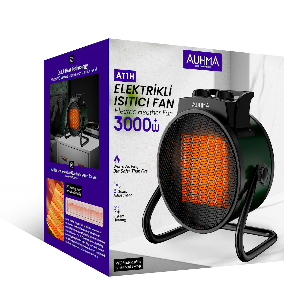 Auhma AT1H Elektrikli Isıtıcı Fan Yeşil | 3000W Hızlı Isınma, 3 Kademeli Ayar, Sessiz PTC Isıtma Teknolojisi