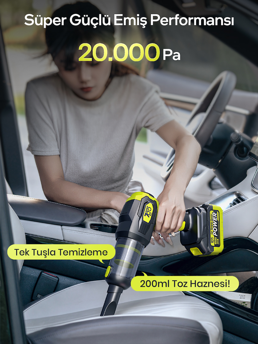 7GO 7GAB-03 Kablosuz Araç İçi Süpürge | 20.000PA Güçlü Emiş | 90.000RPM Fırçasız Motor | 15.000mAH Uzun Ömürlü Batarya | Üfleme & Vakum 2’si 1 Arada