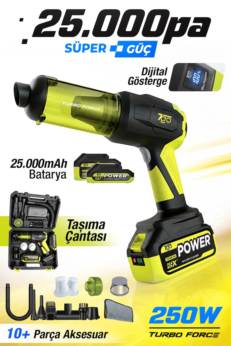7GO 7GAB-04 25.000 Pa Şarjlı Araç Süpürgesi ve Hava Üfleme Makinesi – 90.000 RPM Fırçasız Motor, 2'si 1 Arada Güçlü Vakum & Üfleme