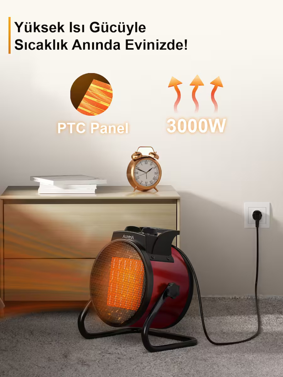 Auhma AT1H Elektrikli Isıtıcı Fan Gri | 3000W Hızlı Isınma, 3 Kademeli Ayar, Sessiz PTC Isıtma Teknolojisi