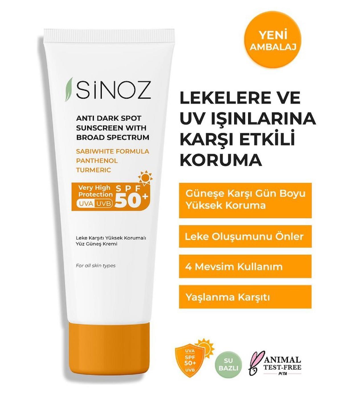 Sinoz 50+ Faktör Leke Karşıtı Tüm Cilt Tipleri İçin Renksiz Yüz Güneş Koruyucu Krem 50 ml