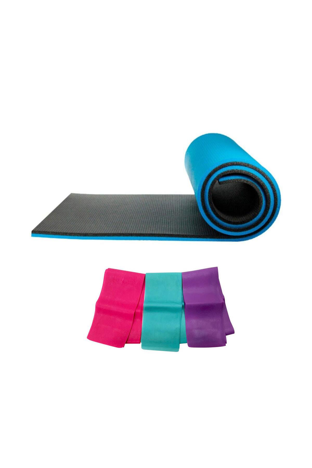 Spor Byfit Mavi Siyah  Çift Yönlü Pilates Ve Yoga Minderi + 3  Lü Pilates Band Seti  2 Li Set 18 mm