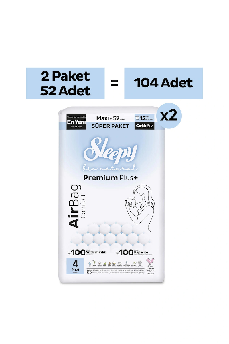 Sleepy Bio Natural Premium Plus Airbag Comfort Avantaj Paketi Bebek Bezi 4 Numara Maxi 104 Adet