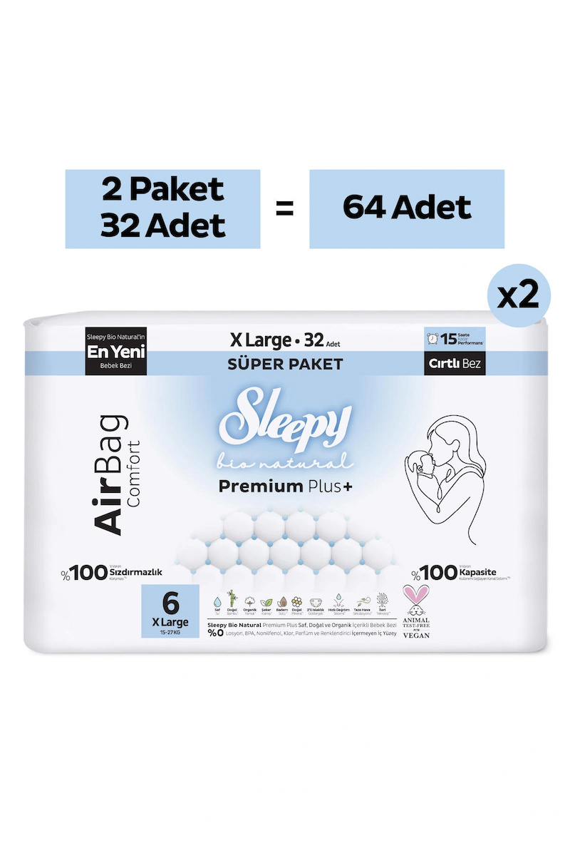 Sleepy Bio Natural Premium Plus Airbag Comfort Avantaj Paketi Bebek Bezi 6 Numara Xlarge 64 Adet