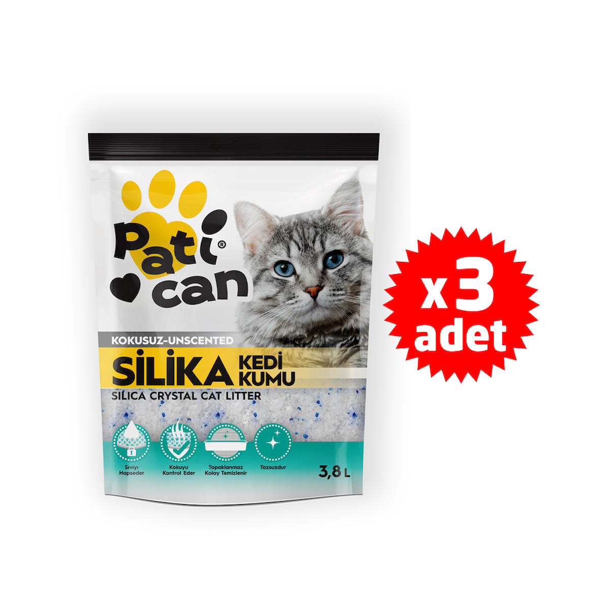 PATİCAN 3 ADET SİLİKA KRİSTAL KEDİ KUMU 3.8 LT