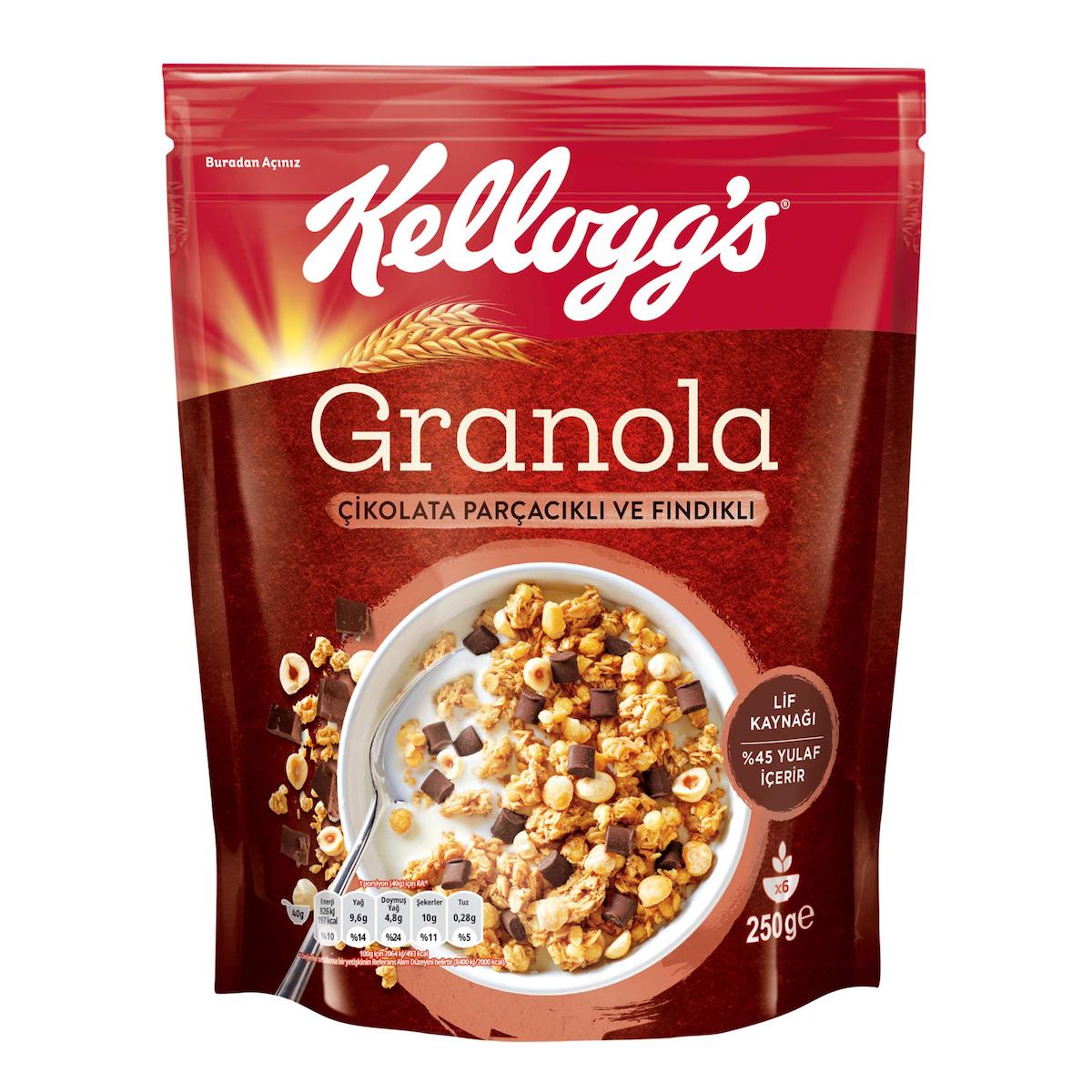 Kellogg's Çikolata Parçacıklı ve Fındıklı Granola 250 Gr,%44 Yulaf,Lif Kaynağı,Kahvaltılık Gevrek