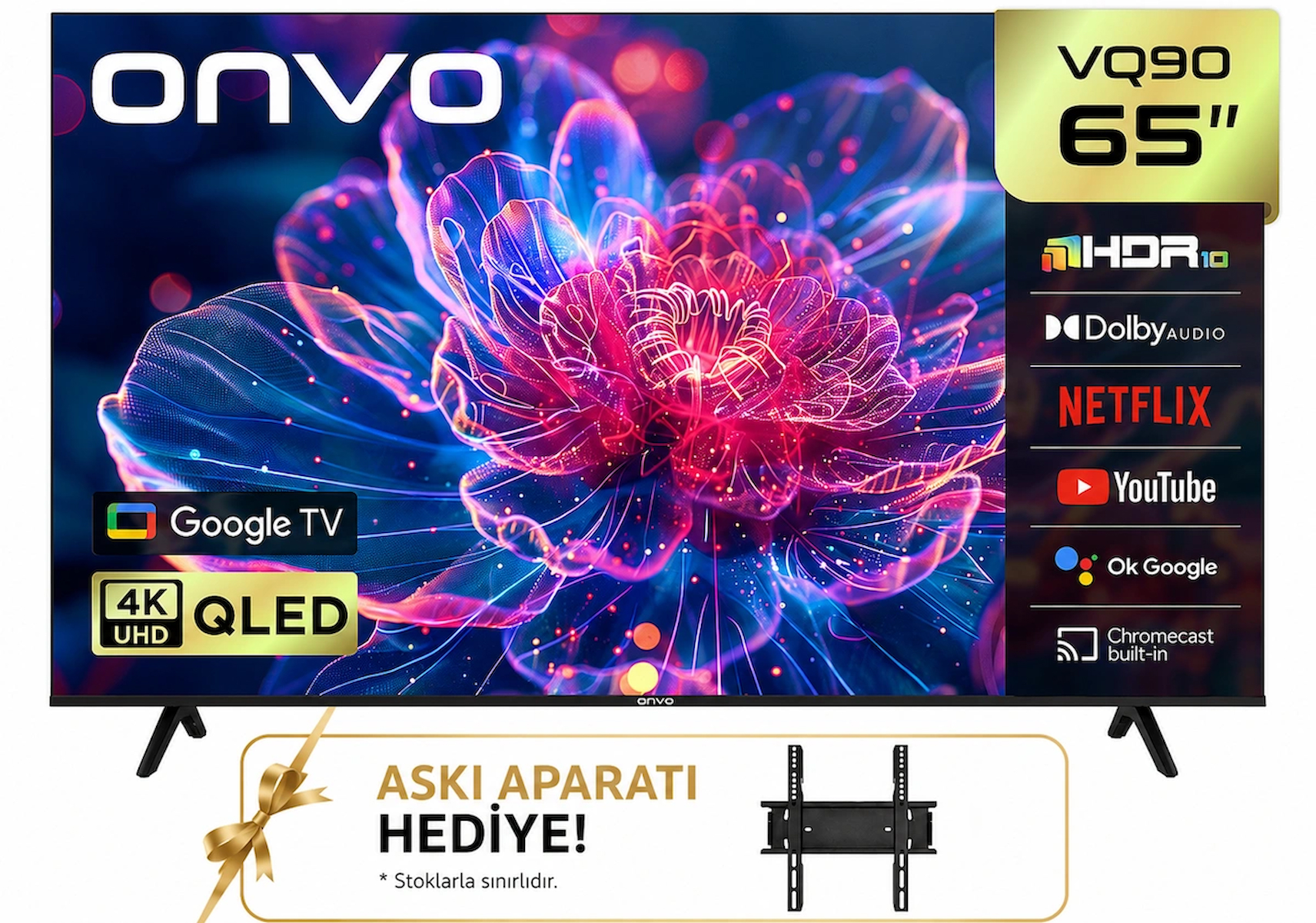 ONVO 65VQ90F3UA 65inc 165 cm 4K UHD Google Smart QLED TV + Duvar Askı Aparatı