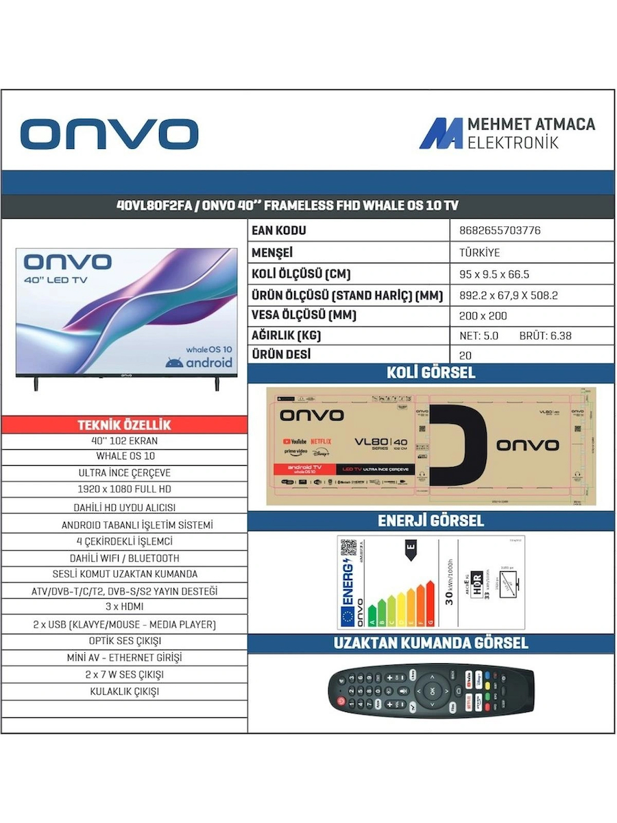 Onvo 40VL80F2FA 40'' 102 Ekran Uydu Alıcılı Full HD LED WhaleOS Android TV