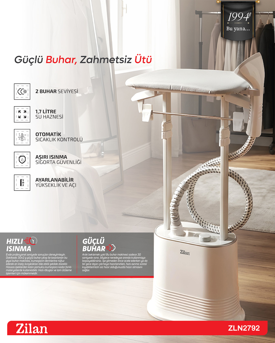 ZLN2792 Ayaklı Kumaş Ve Giysi Buhar Makinesi | Dikey Buharlı Ütü | Kırışık Giderici | 1.7 L. 2000 W