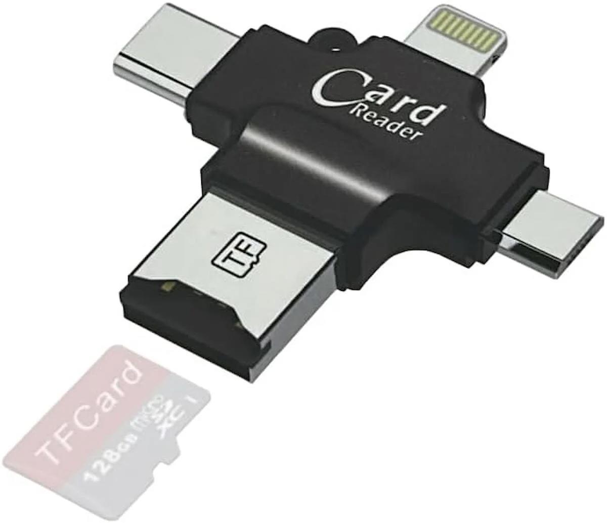 Coverzone 4in1 Kart Okuyucu Lightning Micro USb ve Type-C Girişli Fat32 ve exFat Destekli Card Reader Hızlı ve Kolay Data Transfer SW-T1