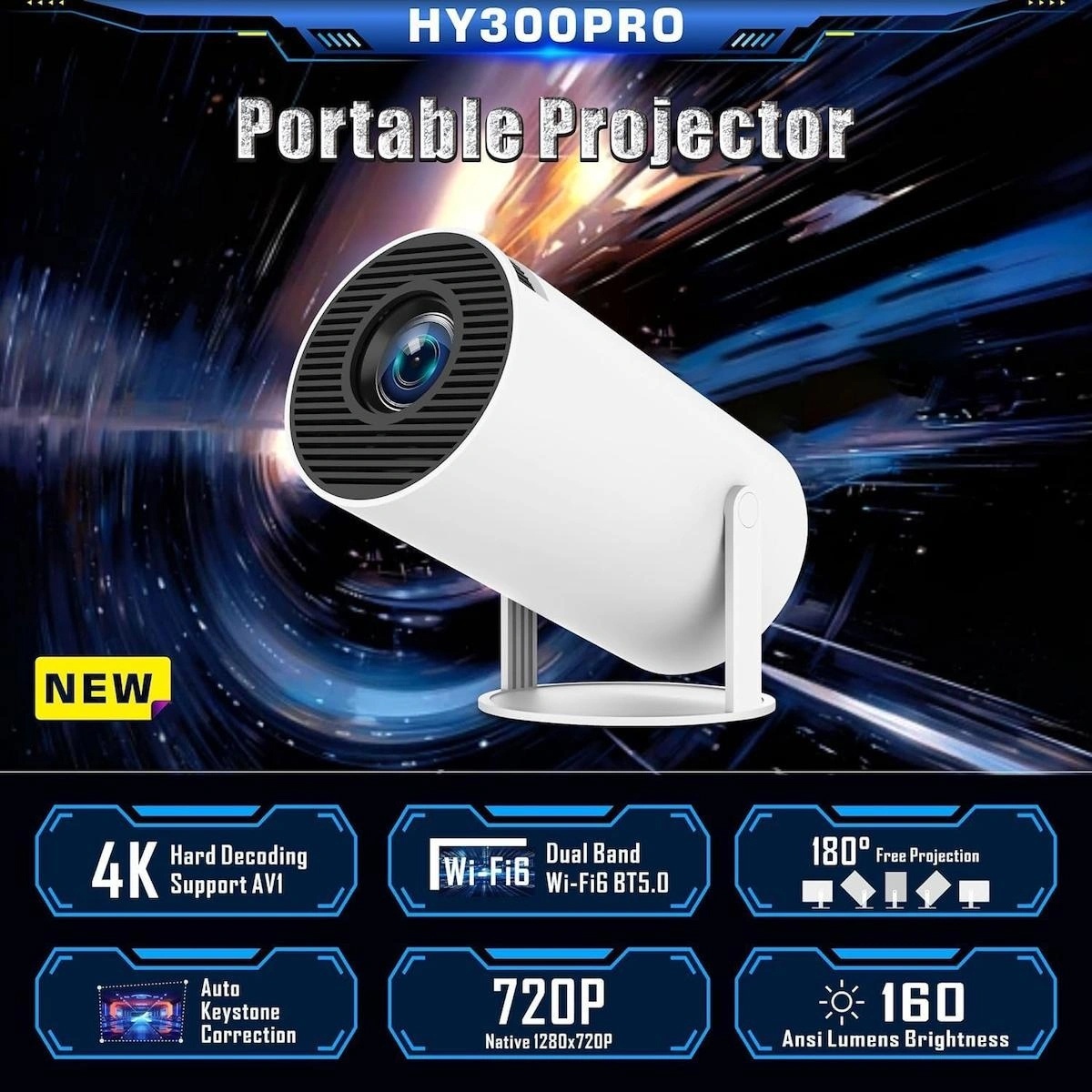 HY300 Pro Projektör, Mini Projektör HY300 Pro Wifi 6 BT5.0, Android 11.0 İşletim Sistemiyle Desteklenir, Ev Sineması Projektörü, Otomatik Kilit Taşı Düzeltme, 180 Derece, Beyaz