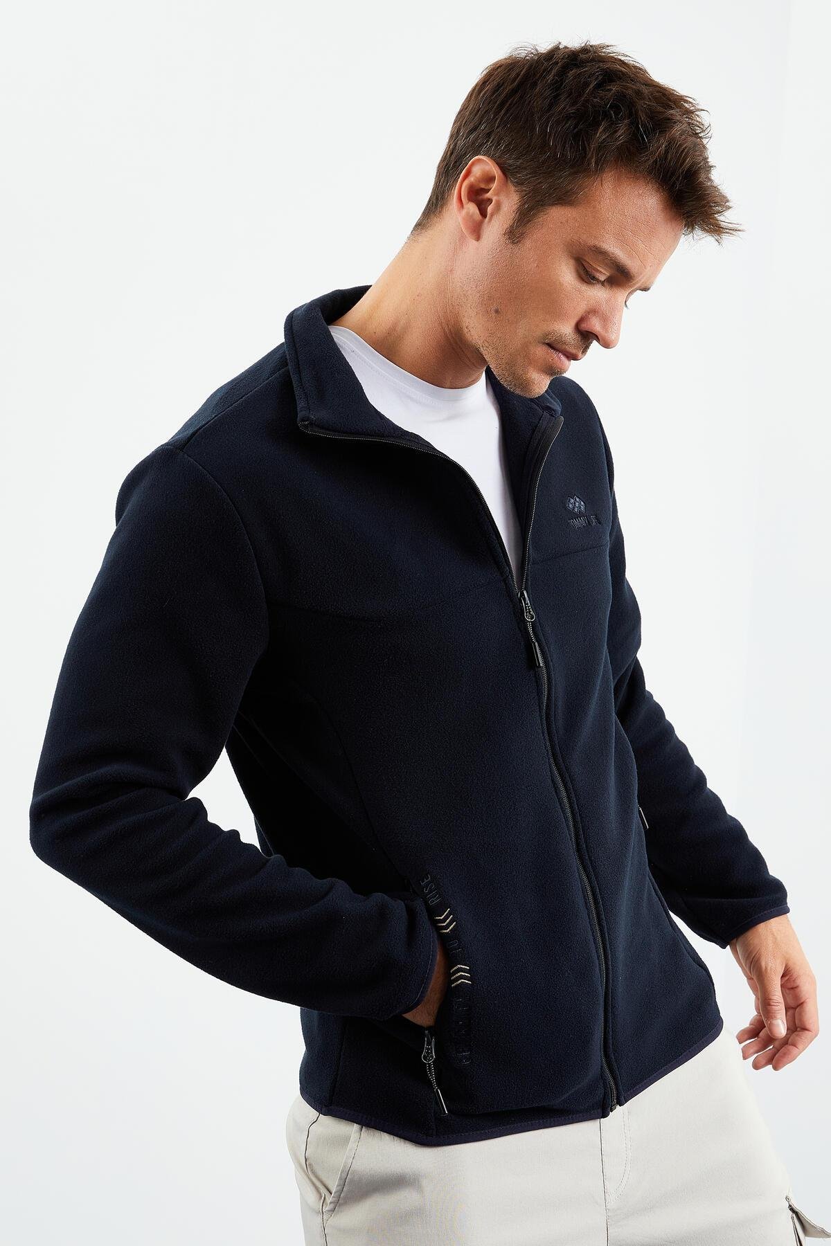 Lacivert Yazı Nakışlı Dik Yaka Fermuarlı Standart Kalıp Erkek Sweatshirt Polar - 87992 | L