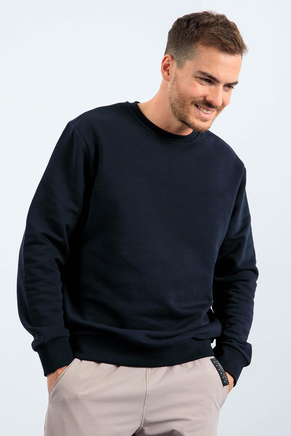 Lacivert Basic O Yaka Rahat Form Erkek Sweatshirt - 88053 | L
