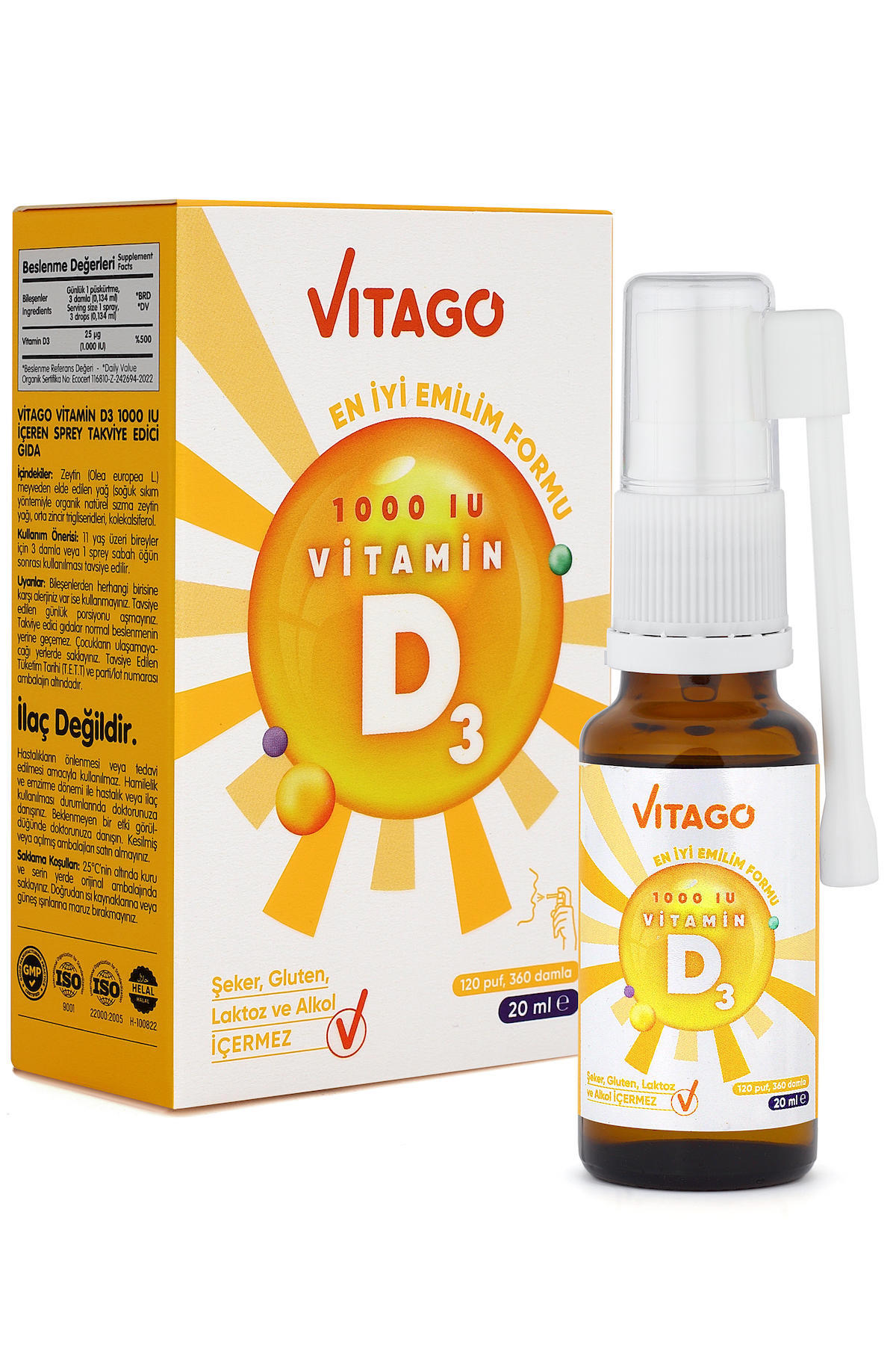 Vitago Daily Vitamin D3 1000 IU 20 ml Sprey ve Damla Takviye Edici Gıda