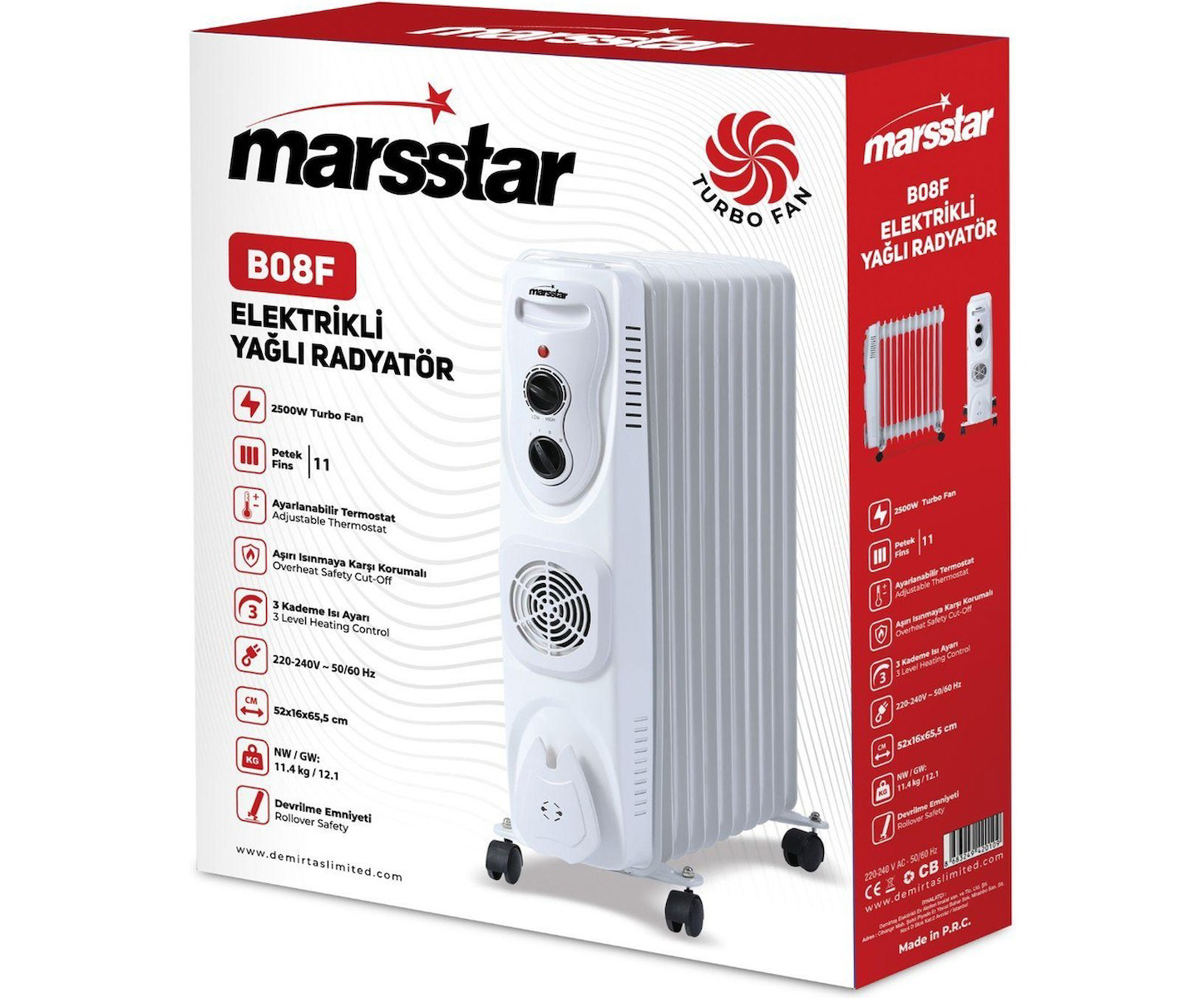 Mars Star Turbo Fanlı 11 Dilim Elektrikli Yağlı Radyatör, 2500 Watt Petek Isıtıcı – B08F