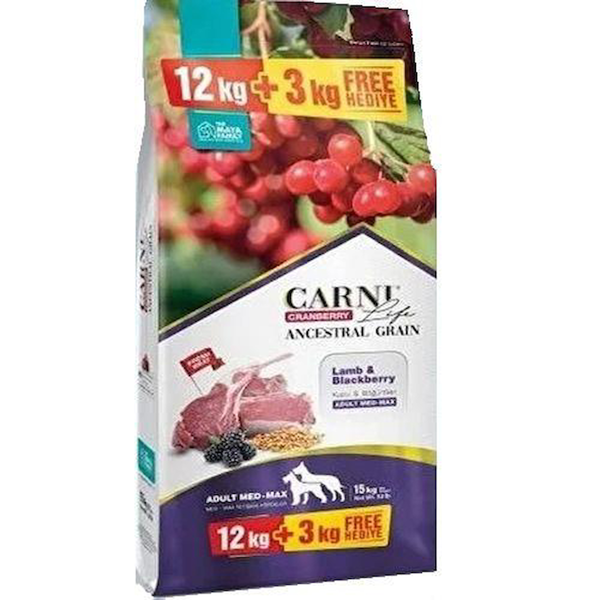 Carni Dog Adult Kuzu Etli Bögürtlenli Med Maxi Köpek Maması 12 Kg  Bonus 3 kg