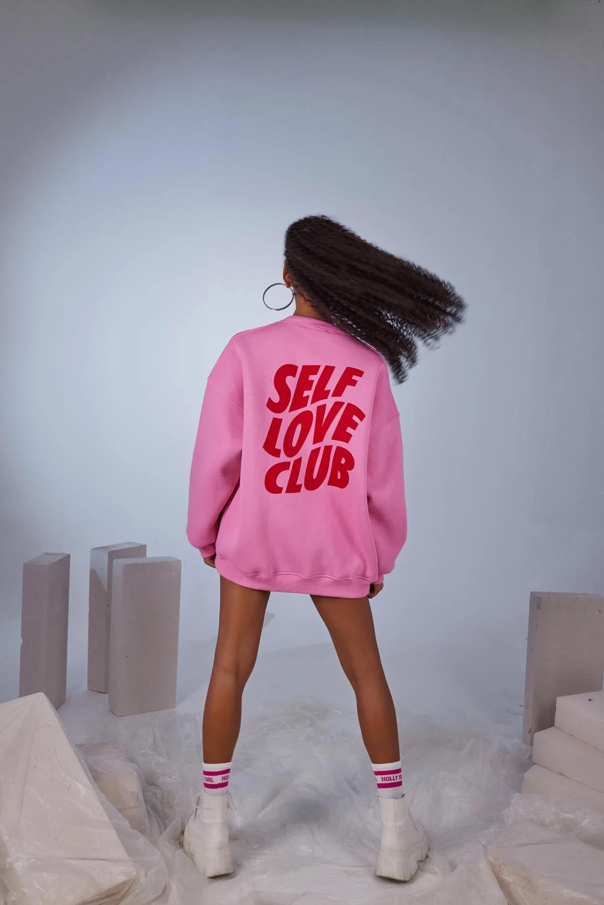 Kadın Pembe Oversize Şardonlu Yazı Baskılı Fluffy Sweatshirt