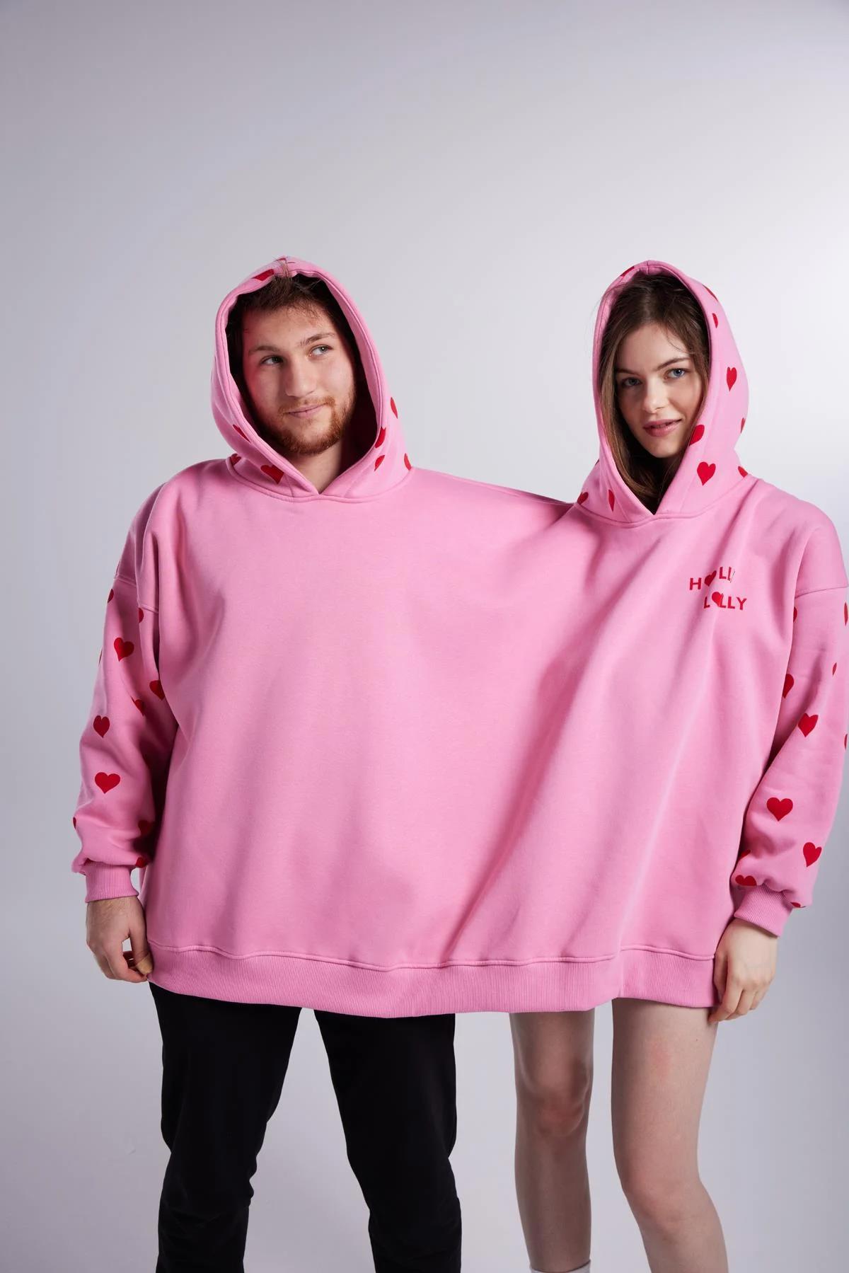 Kalp Baskılı Çift Giyilir Lovebombing Sweatshirt Pembe