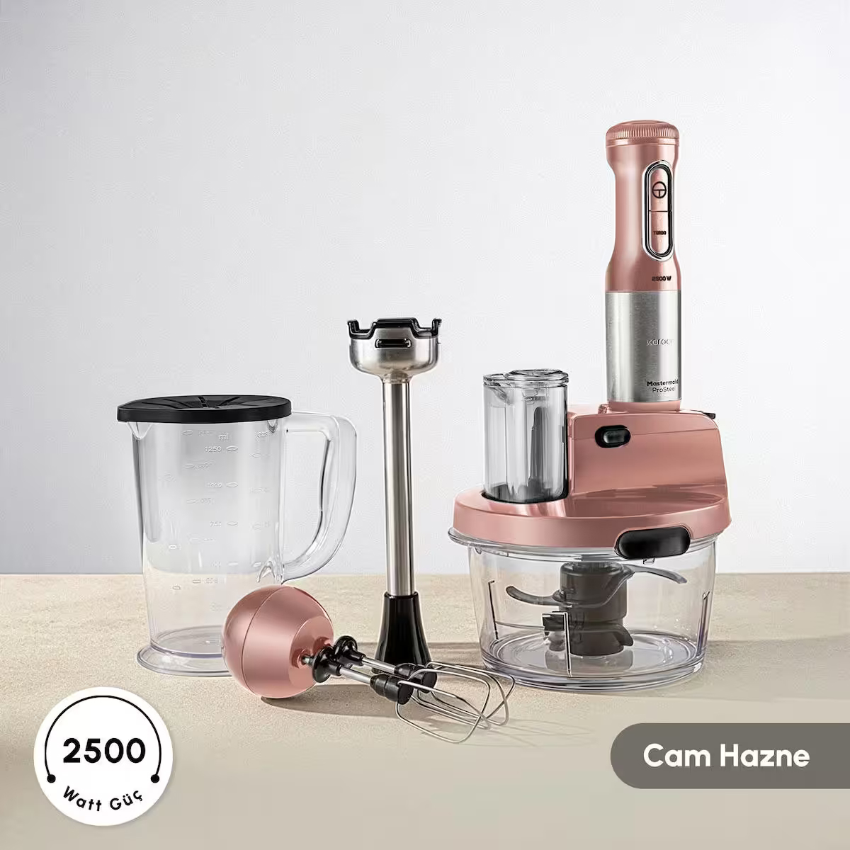 Karaca Mastermaid Prosteel 6 in 1 Uzun Blender Ayaklı 6 Bıçaklı Cam Mutfak Robotu 2500W Rosegold