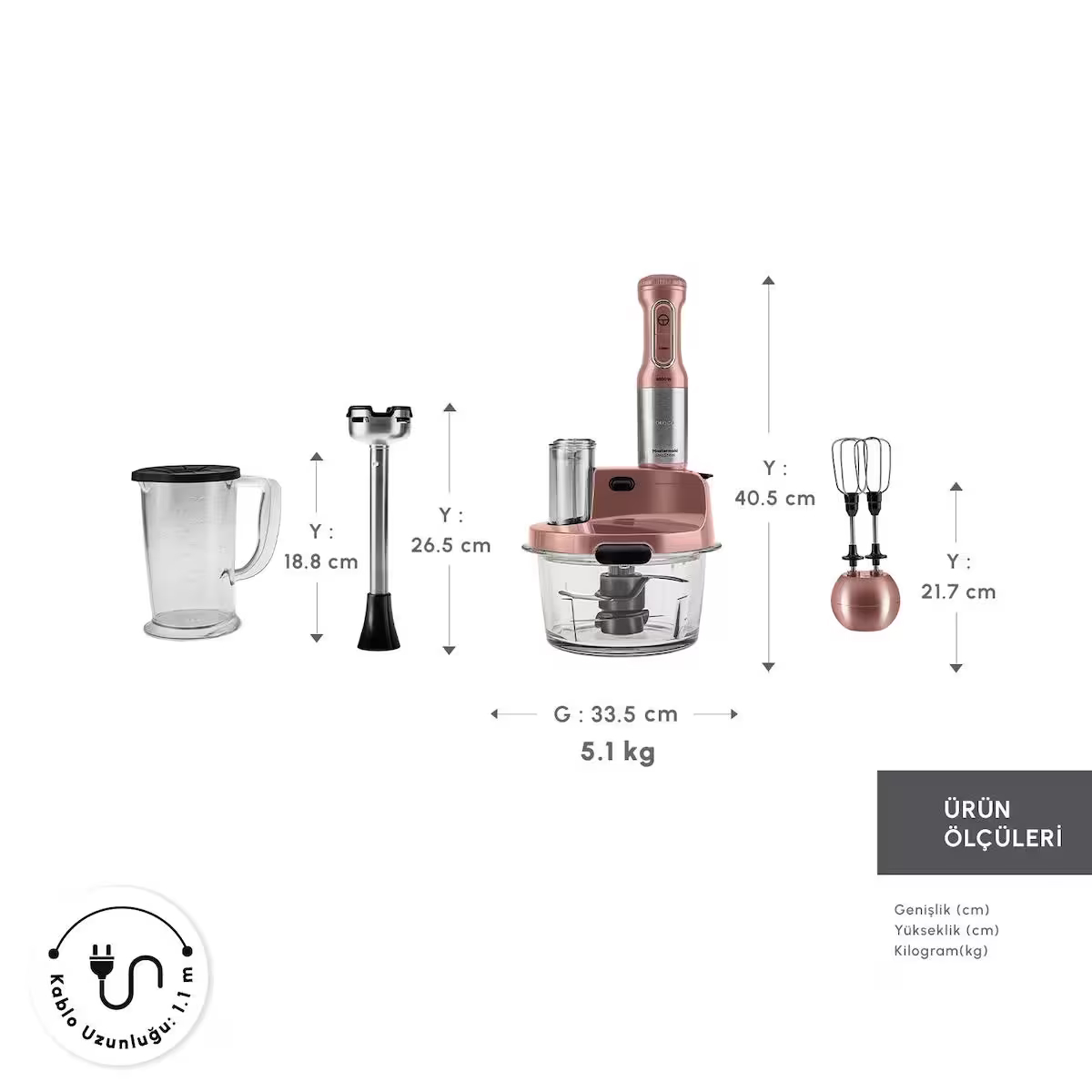 Karaca Mastermaid Prosteel 6 in 1 Uzun Blender Ayaklı 6 Bıçaklı Cam Mutfak Robotu 2500W Rosegold