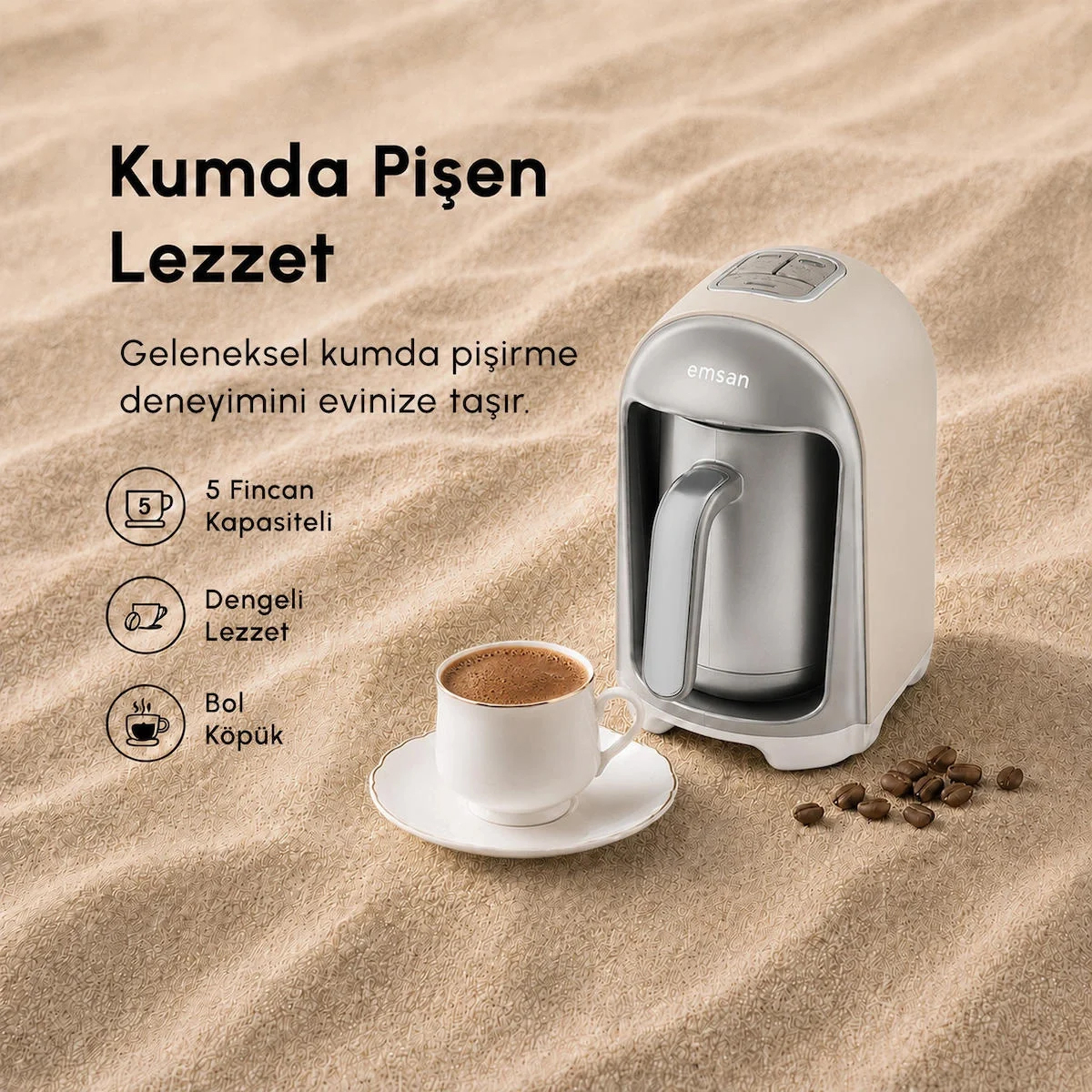 Emsan Kumda Türk Kahve Makinesi Krem 5 Fincan Kapasiteli 735 W