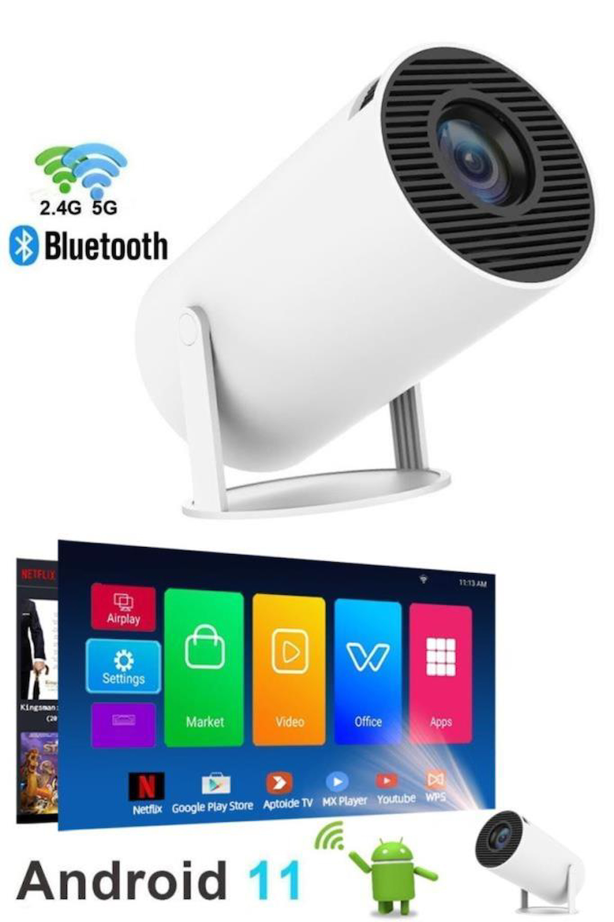 HY300T Lite Taşınabilir Sinema Projektörü Ev Sineması Bluetooth Android 11 Akıllı Projeksiyon Wifi