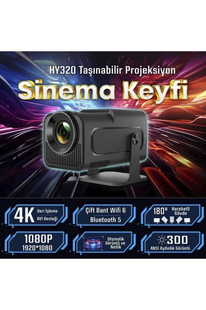 Torima HY320 Siyah Taşınabilir Sinema Projektörü 4K 1080P Ev Sineması Bluetooth Android Akıllı Projeksiyon Wifi