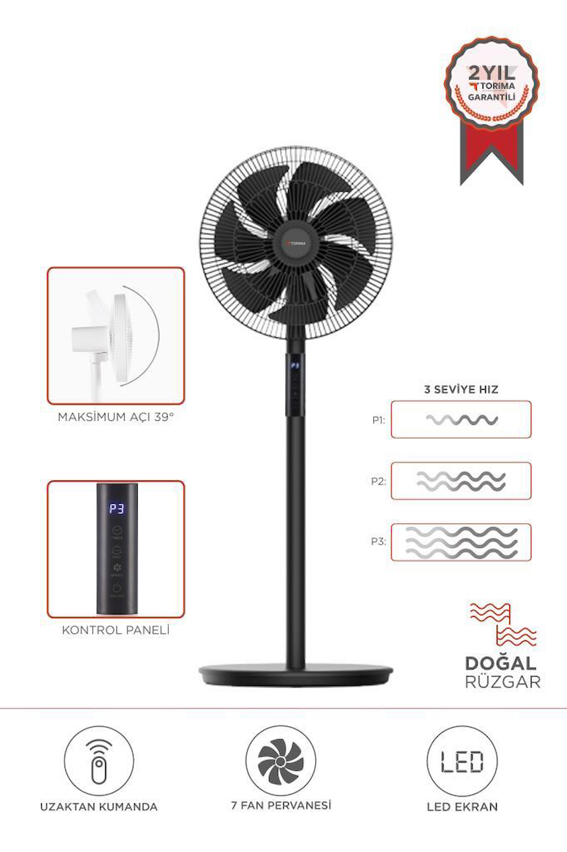 Torima SF-02 Siyah Ayaklı 16” İnc 60W 3 Kademe 7 Pervaneli Kumandalı Diğital Ekranlı Vantilatör Fan