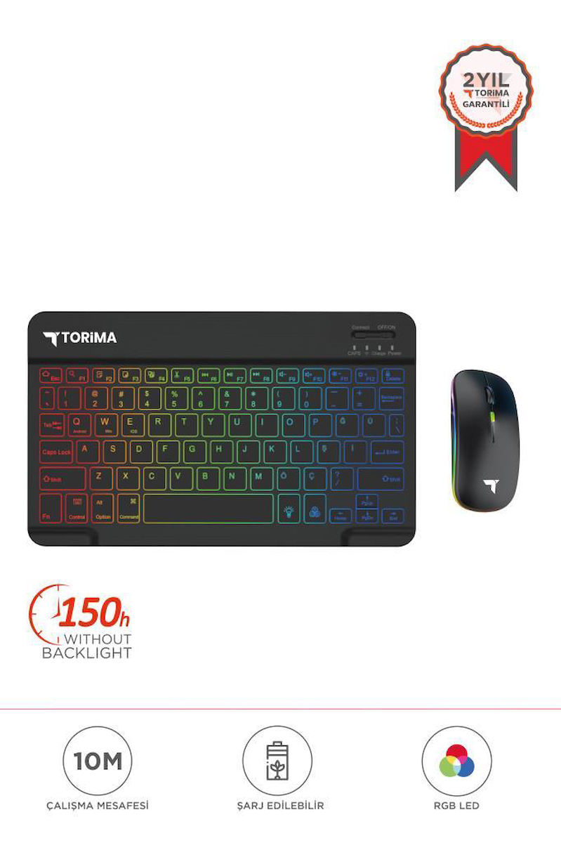 Torima TMK-09 Siyah Şarj Edilebilir RGB Işıklı Kablosuz Klavye