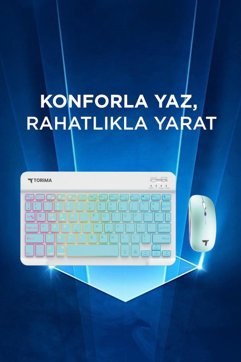 Torima TMK-09 Mavi Şarj Edilebilir RGB Işıklı Kablosuz Klavye Mouse Seti