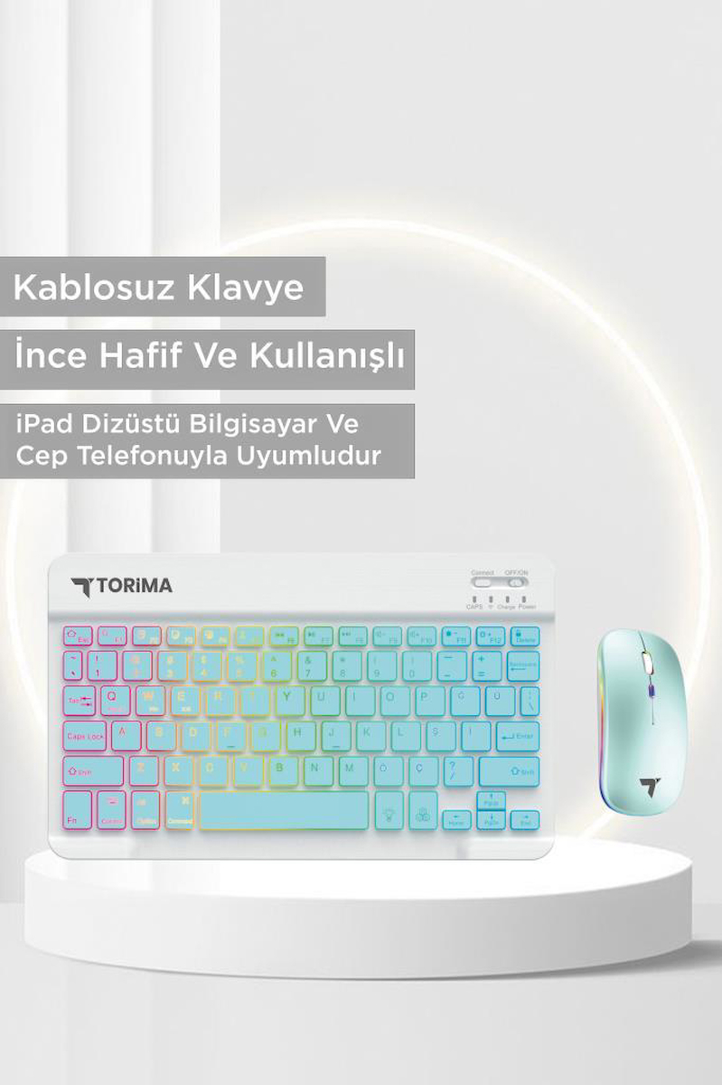 Torima TMK-09 Mavi Şarj Edilebilir RGB Işıklı Kablosuz Klavye Mouse Seti