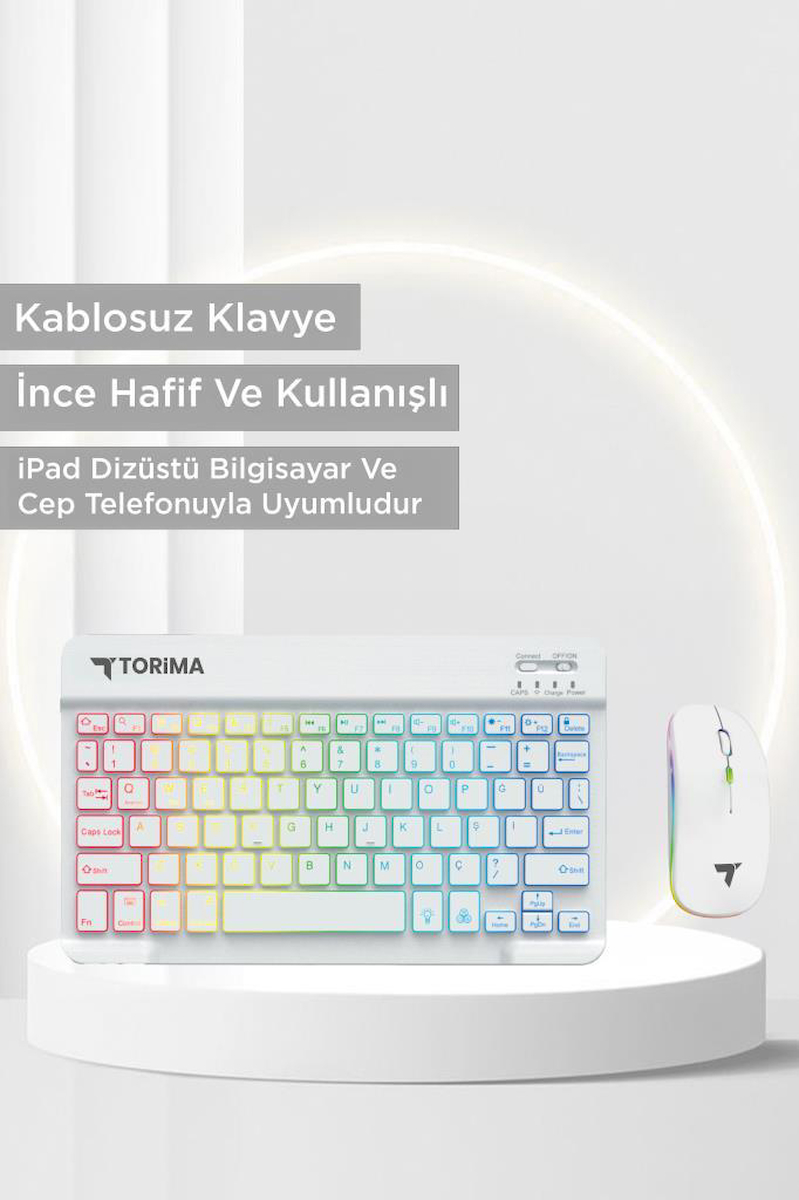 Torima TMK-09 Beyaz Şarj Edilebilir RGB Işıklı Kablosuz Klavye Mouse Seti
