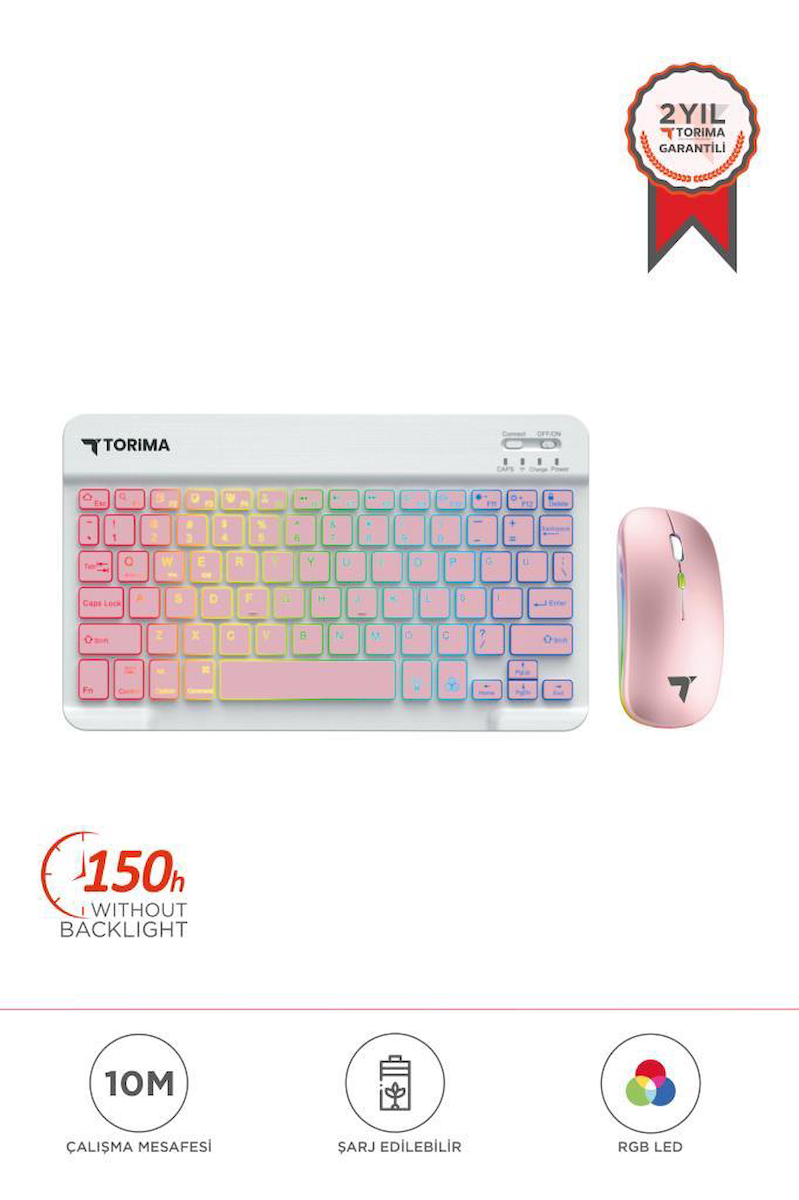 Torima TMK-09 Pembe Şarj Edilebilir RGB Işıklı Kablosuz Klavye