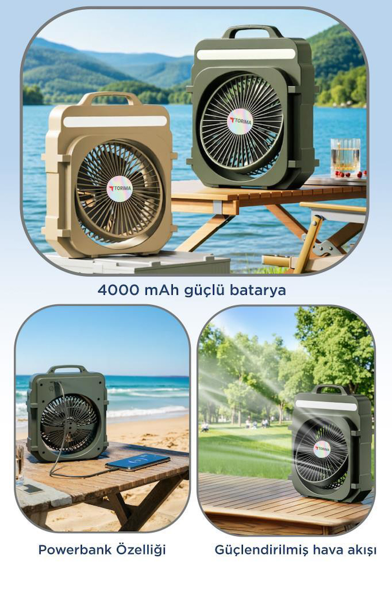 Şarjlı Masaüstü Vantilatör Kamp Tipi 4000 Mah Işıklı Taşınabilir Masa Fanı F53 Bej