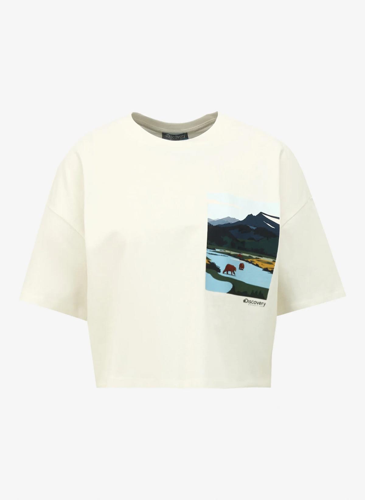 Discovery Expedition Beyaz Kadın Bisiklet Yaka Oversize Baskılı T-Shirt D4SL-TST3046