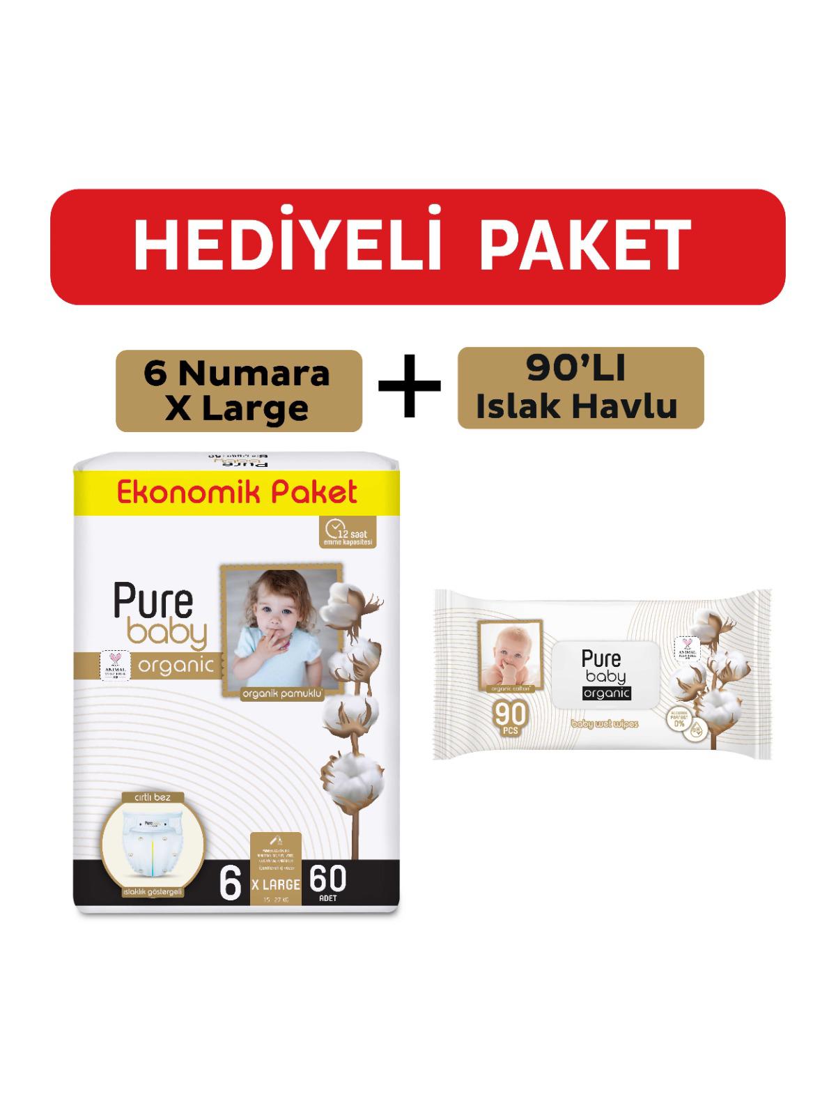 Pure Baby Organik Pamuklu Cırtlı Bez 6 Numara Xlarge 60 Adet + Organik Pamuklu Islak Havlu 90 Yaprak