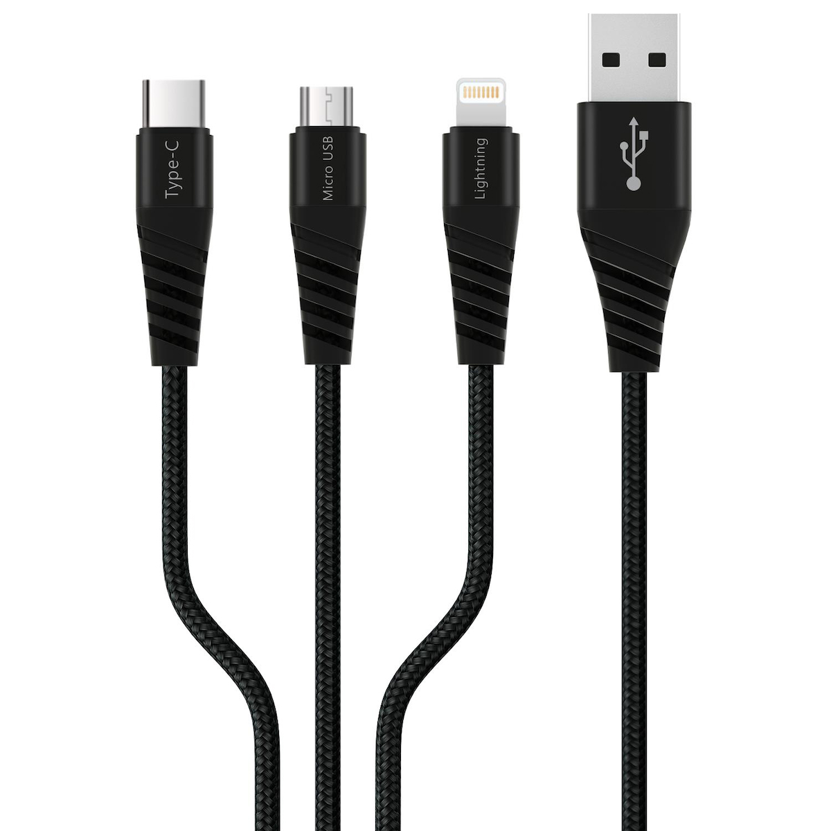 Polosmart PBS412 Type-C Micro USB Lightning Çıkışlı 3 in 1 Şarj Kablosu 1.2 Metre Siyah