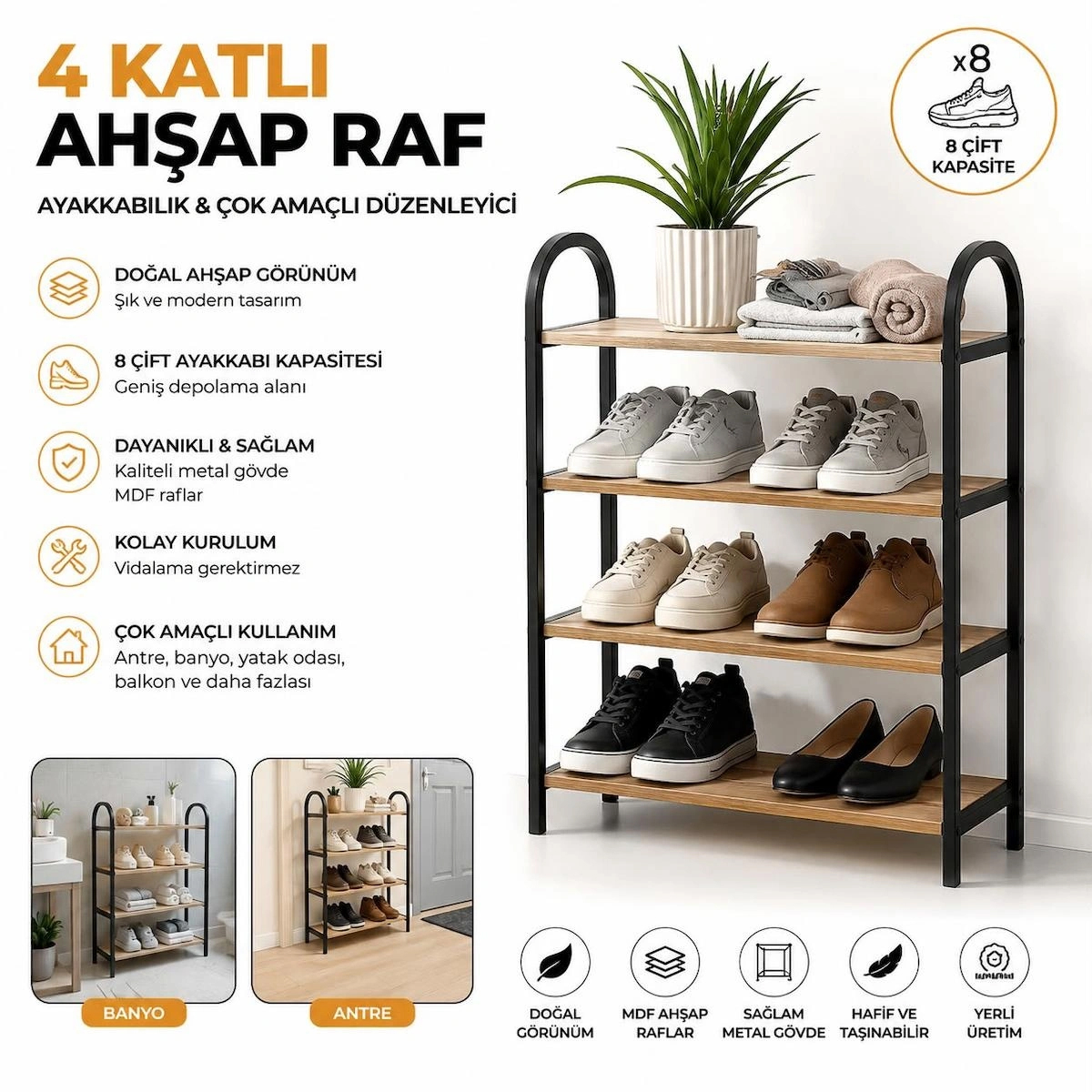 4 Katlı Doğal Ahşap Ayakkabılık ve Çok Amaçlı Düzenleyici Raf – 8 Çift Kapasiteli MDF Organizer
