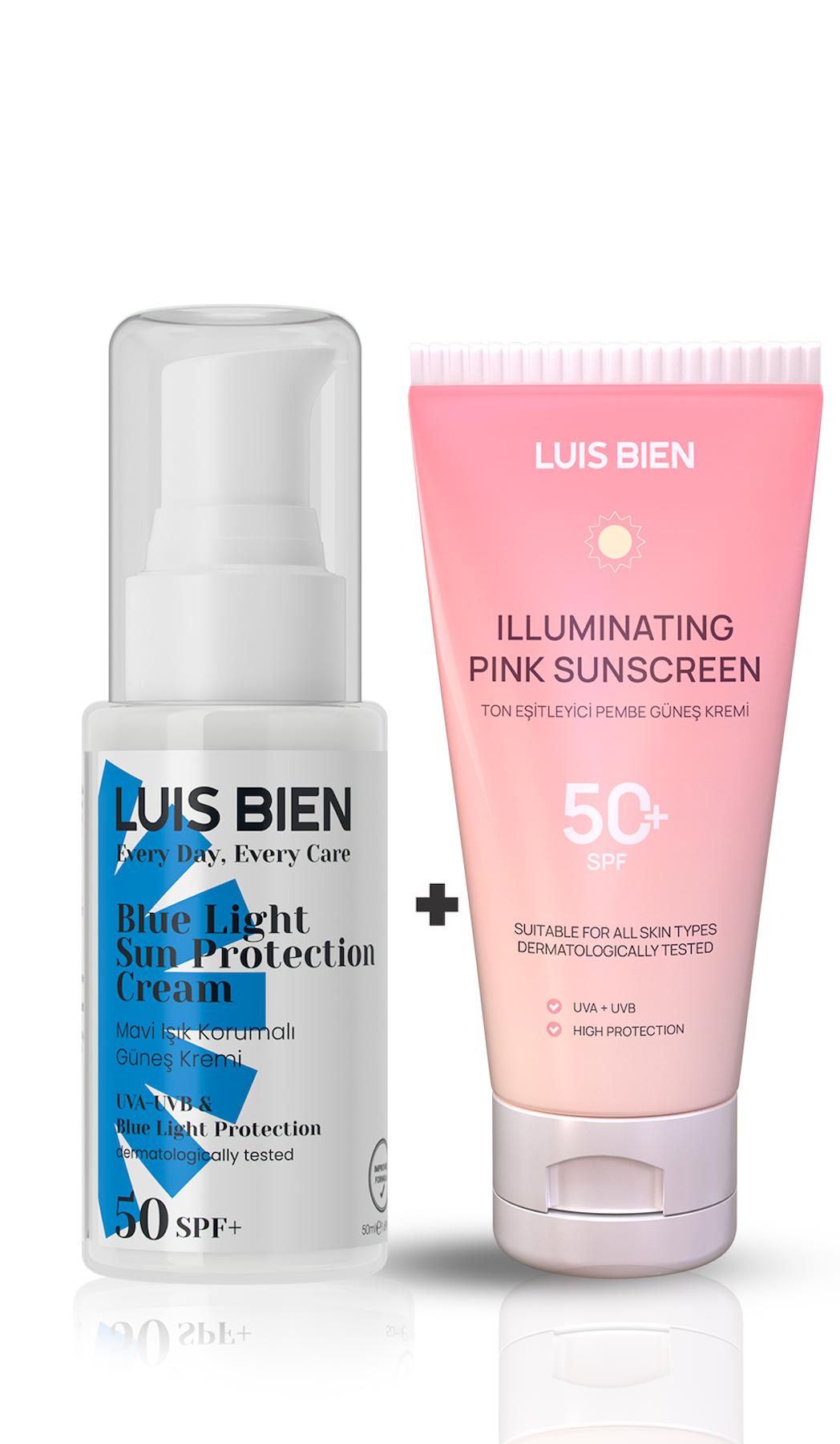 Ton Eşitleyici Pembe Güneş Kremi & Mavi Işık Korumalı SPF50+ Güneş Kremi -
 Tüm Gün Tüm Işınlardan Korunma ve Ton Eşitiliği Set