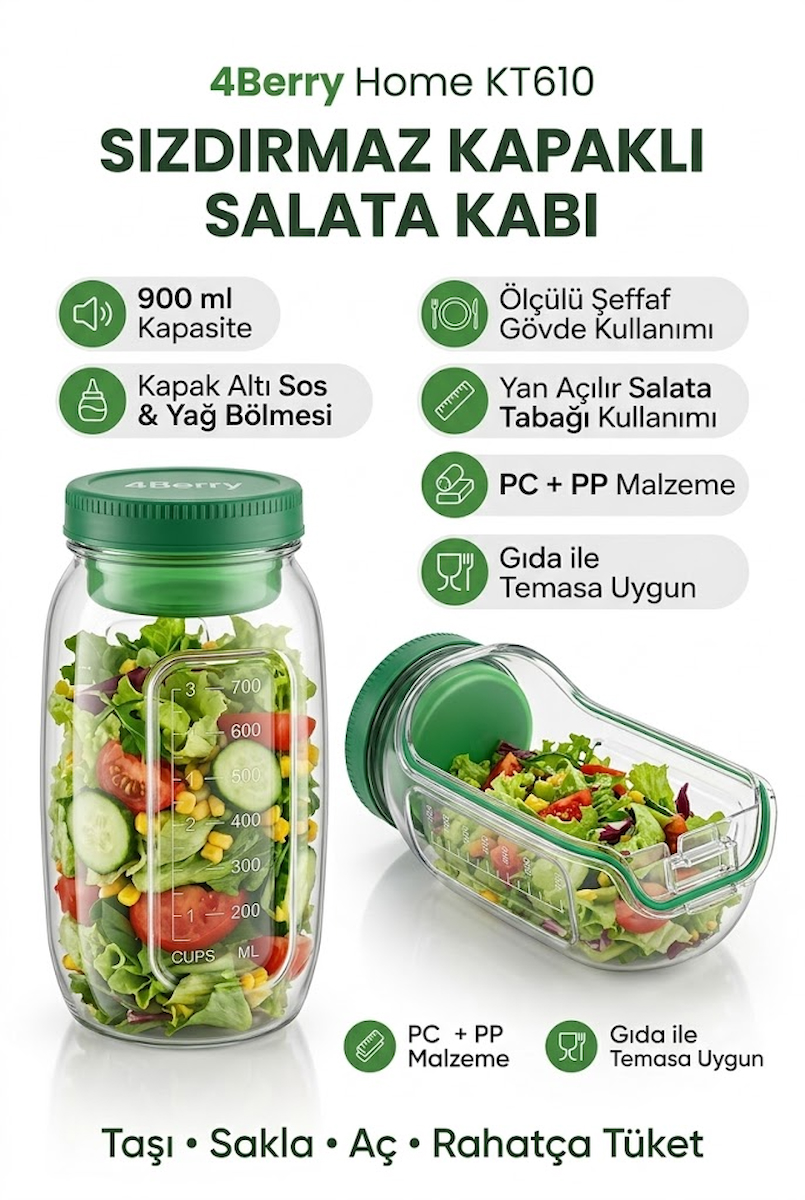KT610 Sızdırmaz Salata Kabı 900 ml Sos Bölmeli Yan Açılır Taşınabilir Saklama Kabı