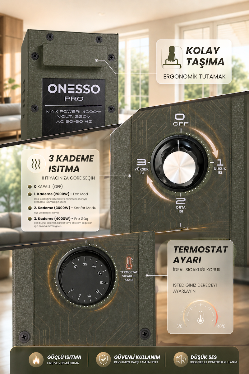 ONESSO PRO 4000W Sessiz Elektrikli Fanlı Isıtıcı – 3 Modlu Termostatlı (40m²’ye Kadar Etkili, 2sn Hızlı Isınma, Ev & Ofis & Atölye) 2 Yıl Garantili