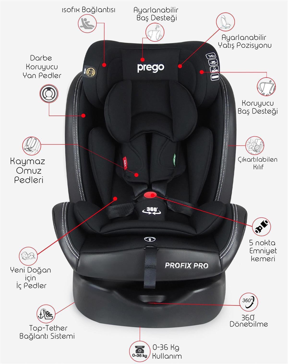 Prego Profix Pro 360° Dönebilen Isofixli 0 - 36 kg Oto Koltuğu Siyah